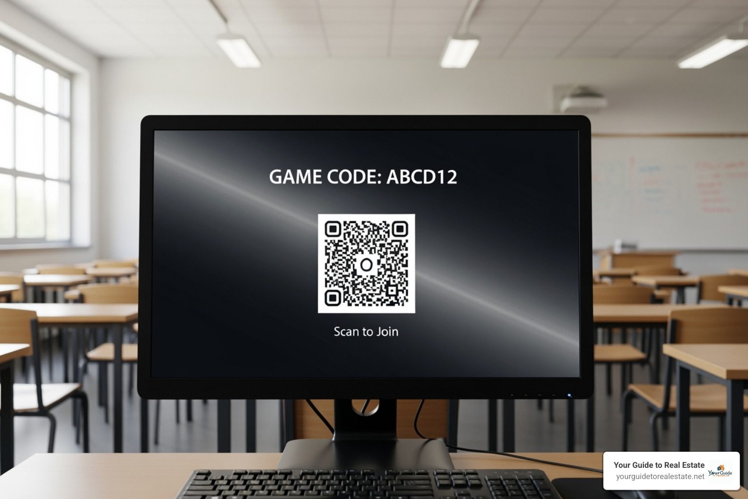 teacher's screen showing Gimkit code and QR code - gimkit code