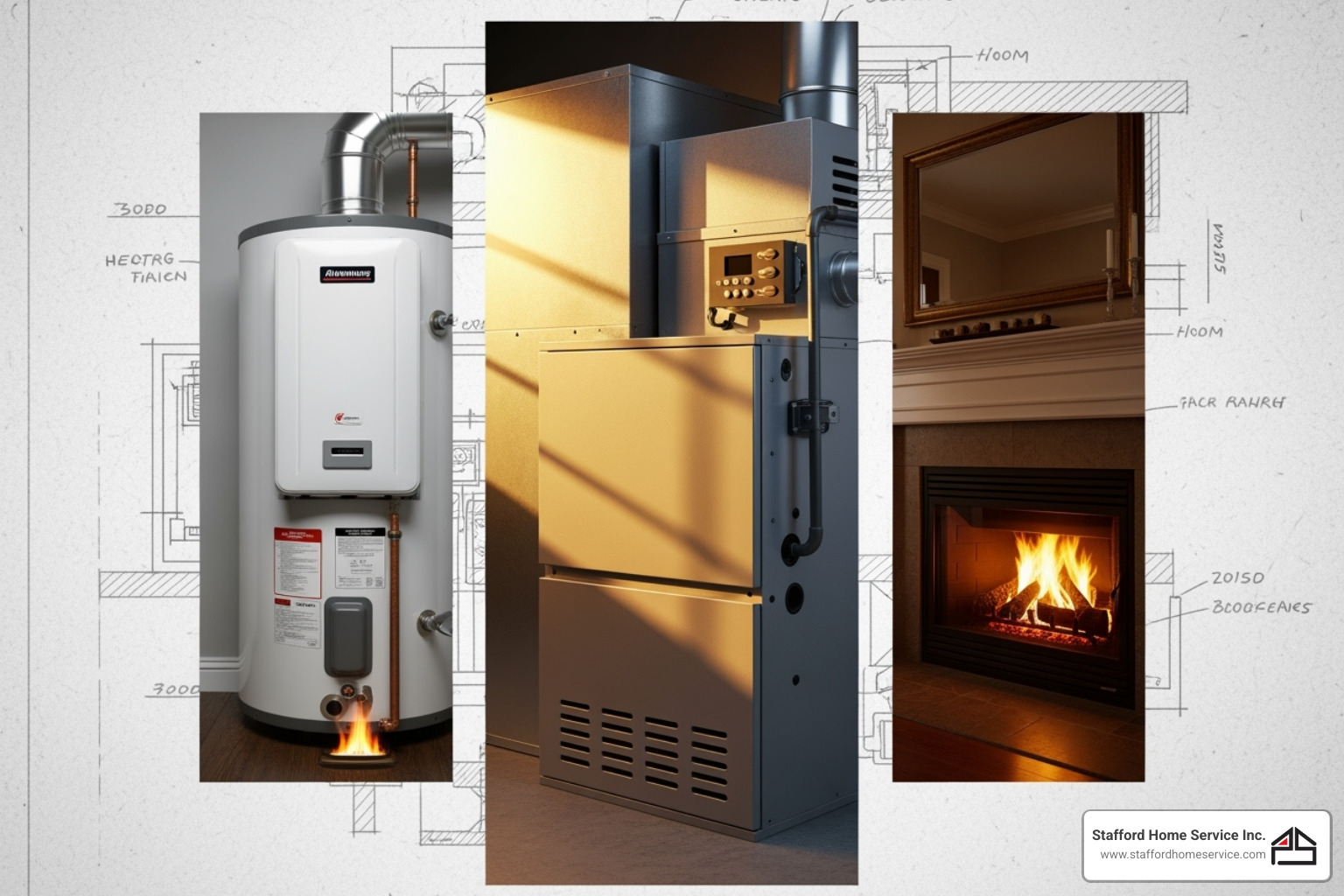 collage of a furnace, gas water heater, and fireplace - carbon monoxide alarm