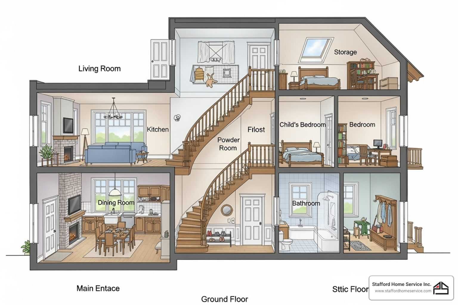 diagram showing ideal co alarm placement in a multi-level home - carbon monoxide alarm