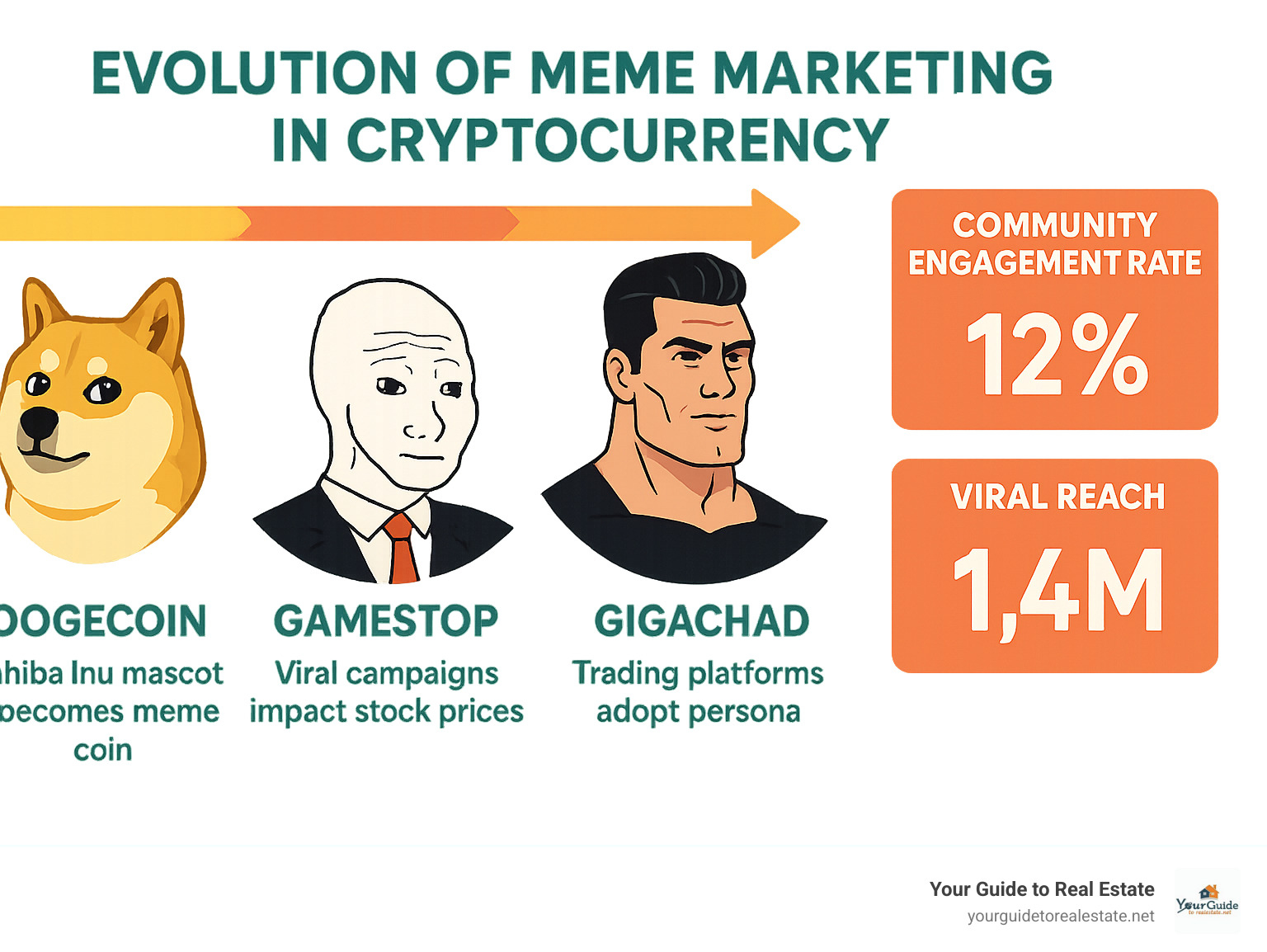 Infographic showing the evolution of meme marketing in cryptocurrency, from Dogecoin's Shiba Inu mascot through GameStop's viral campaigns to the current Gigachad persona adoption by trading platforms, highlighting key metrics like community engagement rates and viral reach - crypto30x.com gigachad infographic 
