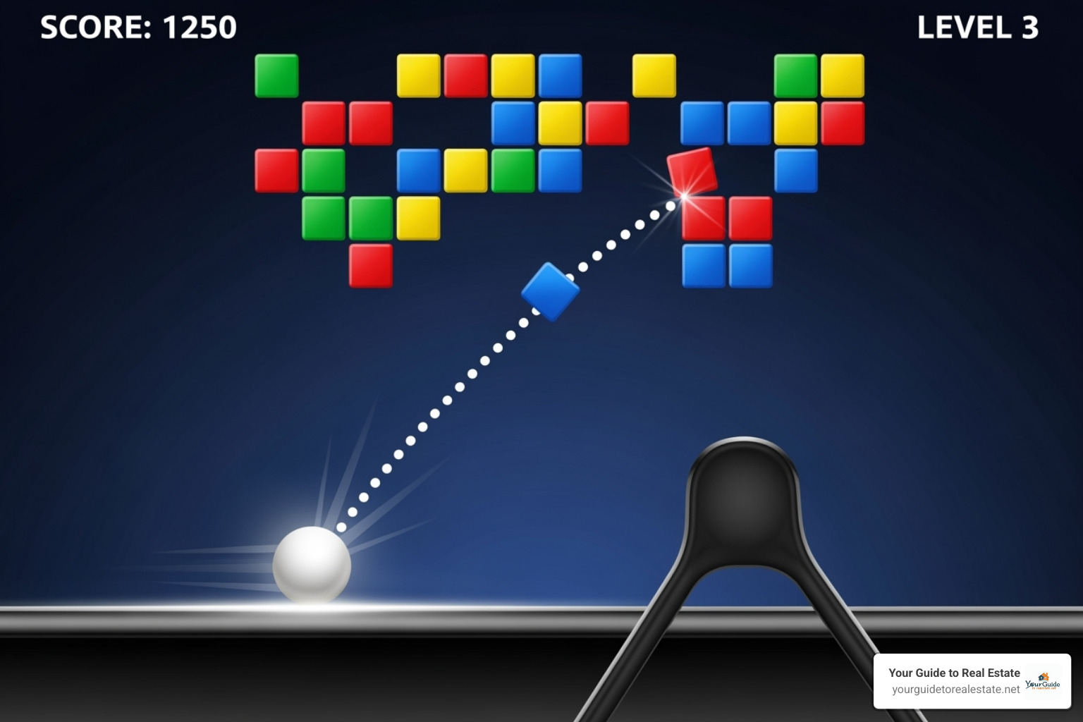Illustration of a strategic shot in a block breaker game, showing the ball angled to hit multiple blocks or reach a difficult corner - google block breaker