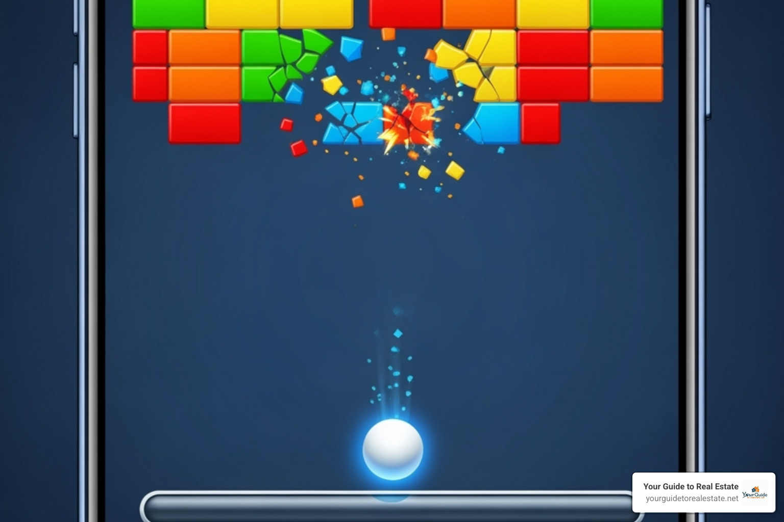Mobile phone screen displaying the Google Block Breaker game in portrait mode, showing the paddle and ball in action - google block breaker