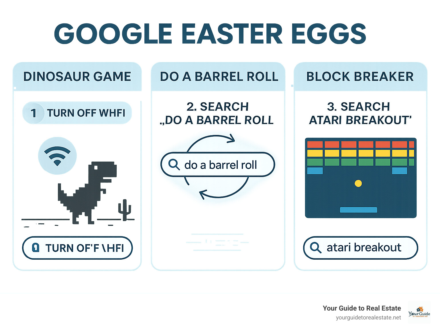 Comprehensive guide showing Google Easter eggs including the dinosaur game, do a barrel roll command, and the block breaker game with step-by-step instructions for accessing each hidden feature - google block breaker infographic 