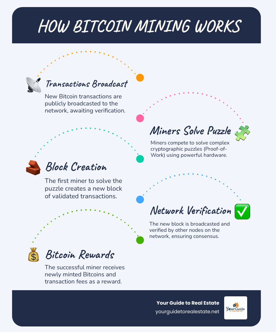 Infographic showing how Bitcoin mining validates transactions through proof-of-work consensus, with miners competing to solve cryptographic puzzles and add new blocks to the blockchain while earning Bitcoin rewards - fintechzoom.com bitcoin mining infographic infographic-line-5-steps-blues-accent_colors