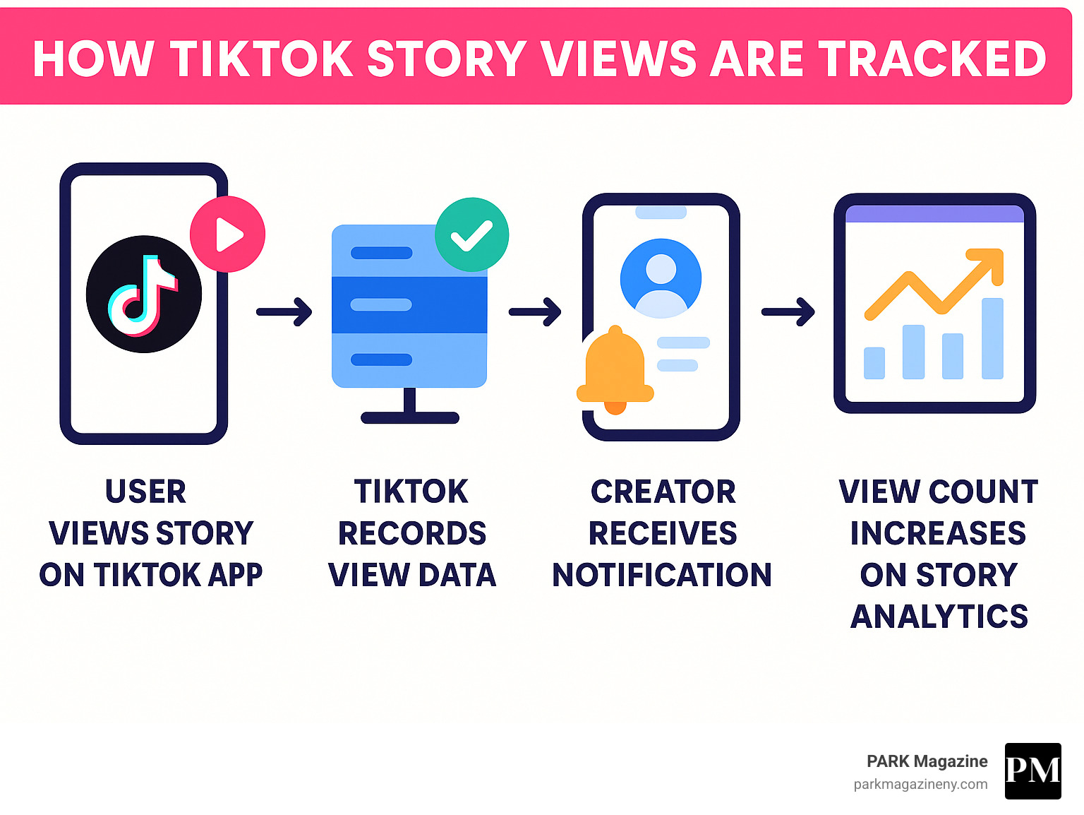 Infographic showing how TikTok story views are tracked: User views story on TikTok app, TikTok records view data, Creator receives notification with viewer's username and profile, View count increases on story analytics - tiktok story viewer infographic Infographic showing how TikTok story views are tracked: User views story on TikTok app, TikTok records view data, Creator receives notification with viewer's username and profile, View count increases on story analytics - tiktok story viewer infographic