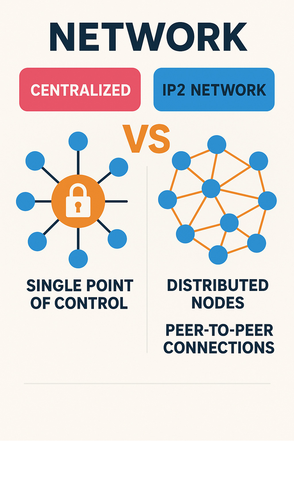Infographic comparing centralized networks with single points of control versus decentralized IP2 network with distributed nodes and peer-to-peer connections -  ip2 network infographic 
