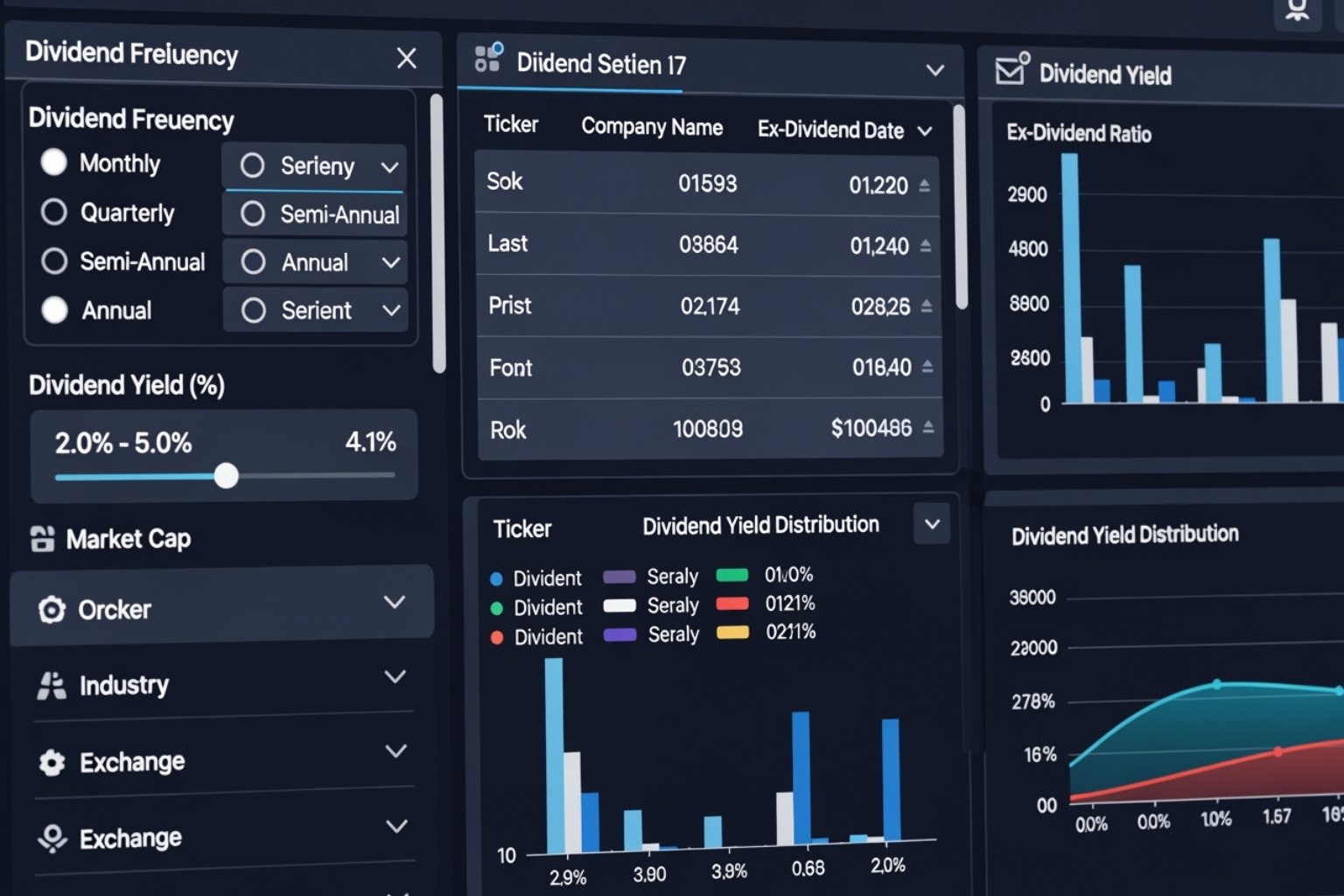 stock screener interface showing filters for dividend frequency and yield - monthly dividend stocks