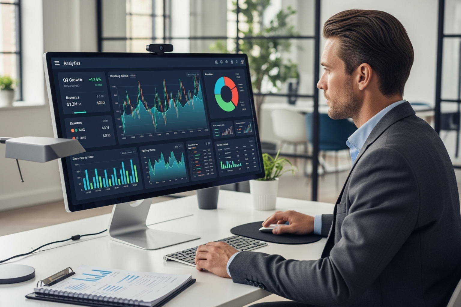 A professional analyzing charts and data on a computer screen, with the Ontpress platform interface visible, demonstrating the strategic use of its analytics features. - ontpress freshupdates