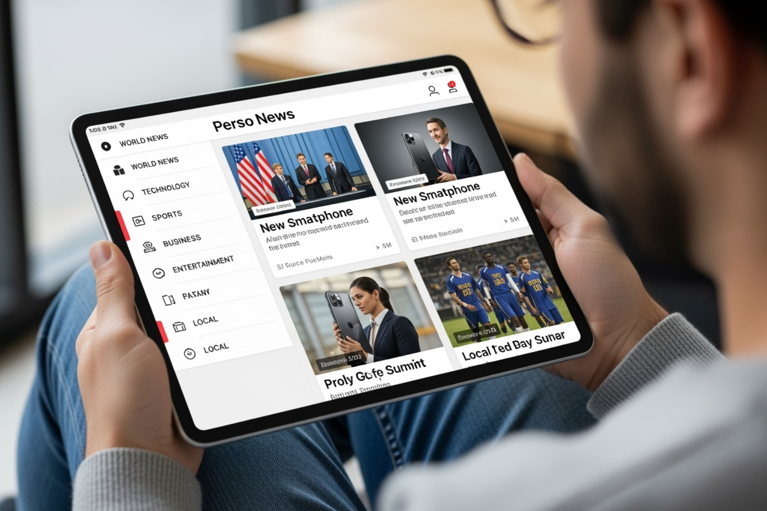 A person viewing a personalized content feed on a tablet, with various news topics and categories clearly visible, illustrating the user-friendly interface and custom content delivery. - ontpress freshupdates