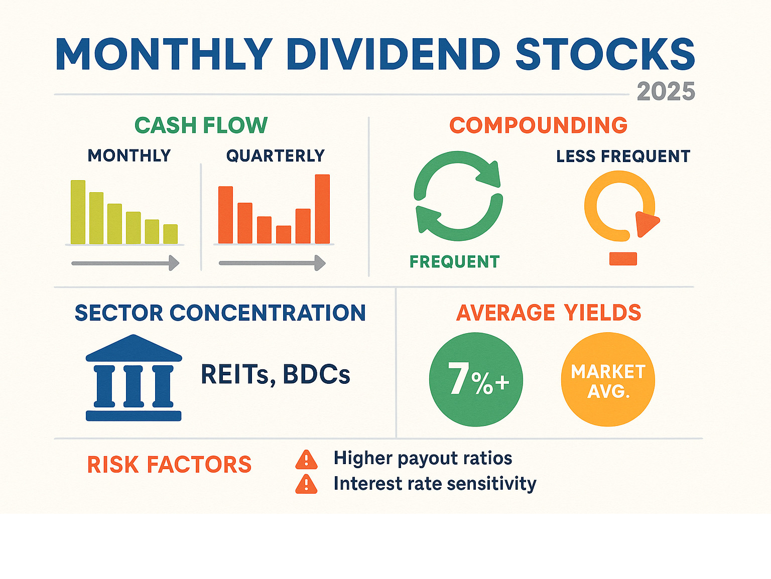 Infographic comparing monthly vs quarterly dividend payments showing cash flow timing, compounding frequency, sector concentration in REITs and BDCs, average yields of 7%+ vs market average, and risk factors including higher payout ratios and interest rate sensitivity - monthly dividend stocks infographic 