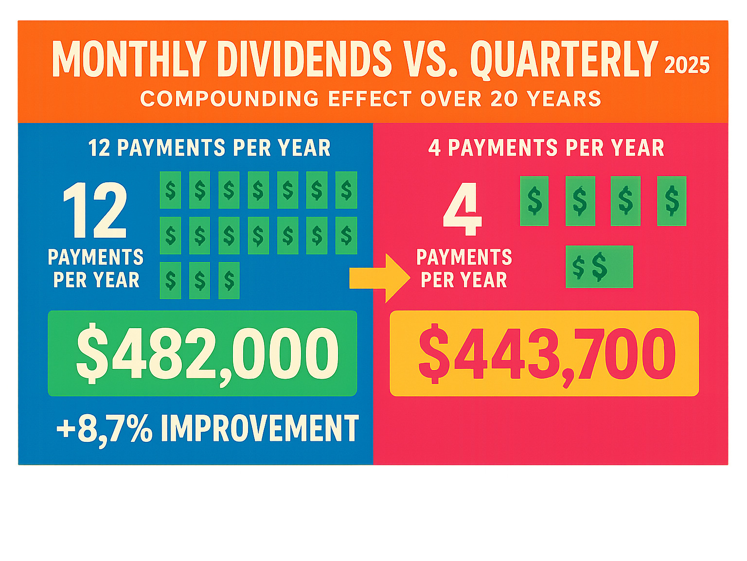 Infographic showing monthly dividend payment schedule with 12 payments per year versus quarterly schedule with 4 payments, demonstrating the compounding effect difference over a 20-year period with dollar amounts and percentage improvements - monthly dividend stocks infographic 