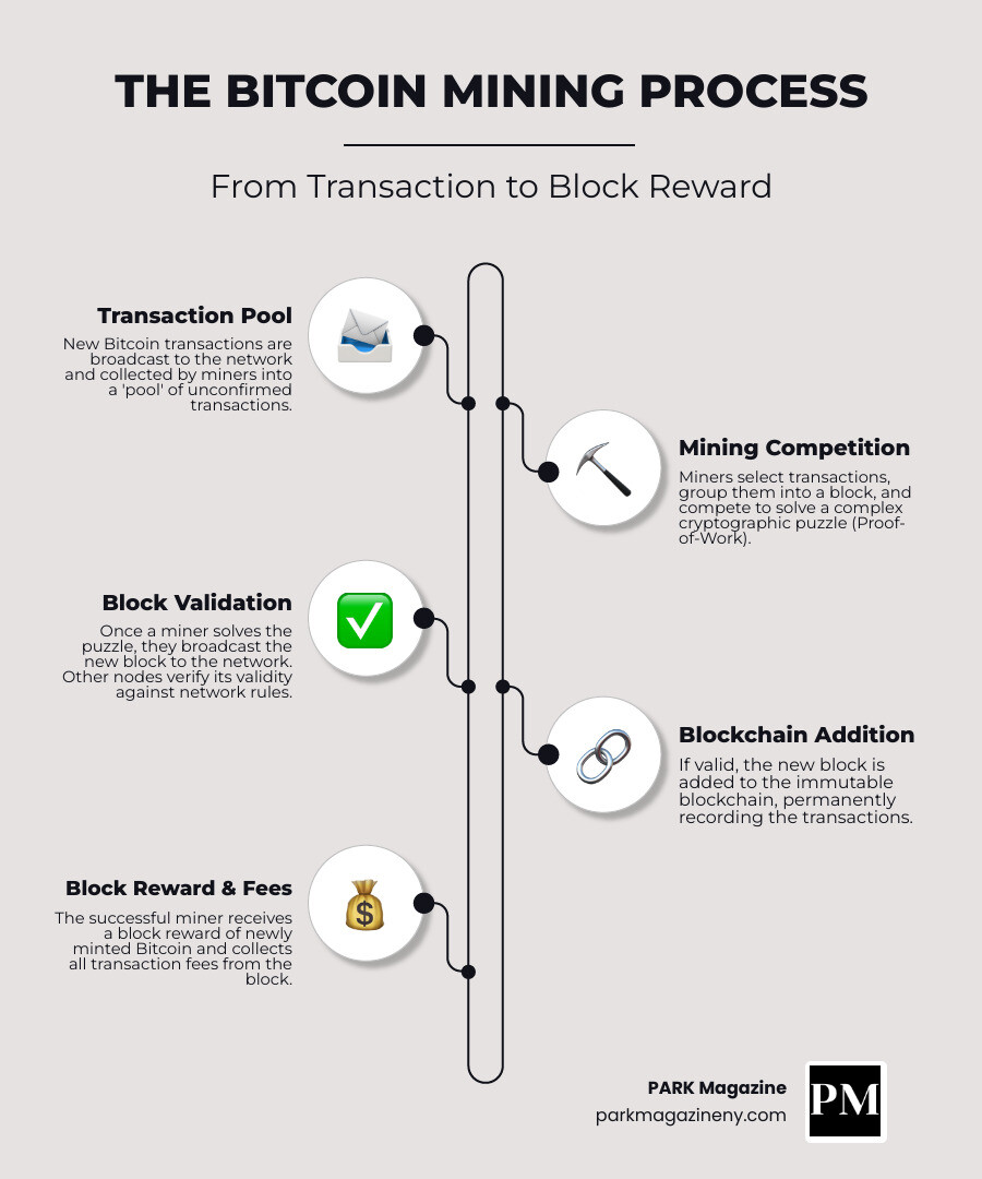 Infographic showing Bitcoin mining process from transaction verification through block rewards, including steps for transaction pool, mining competition, block validation, and Bitcoin distribution to miners - fintechzoom.com bitcoin mining infographic infographic-line-5-steps-neat_beige Infographic showing Bitcoin mining process from transaction verification through block rewards, including steps for transaction pool, mining competition, block validation, and Bitcoin distribution to miners - fintechzoom.com bitcoin mining infographic infographic-line-5-steps-neat_beige