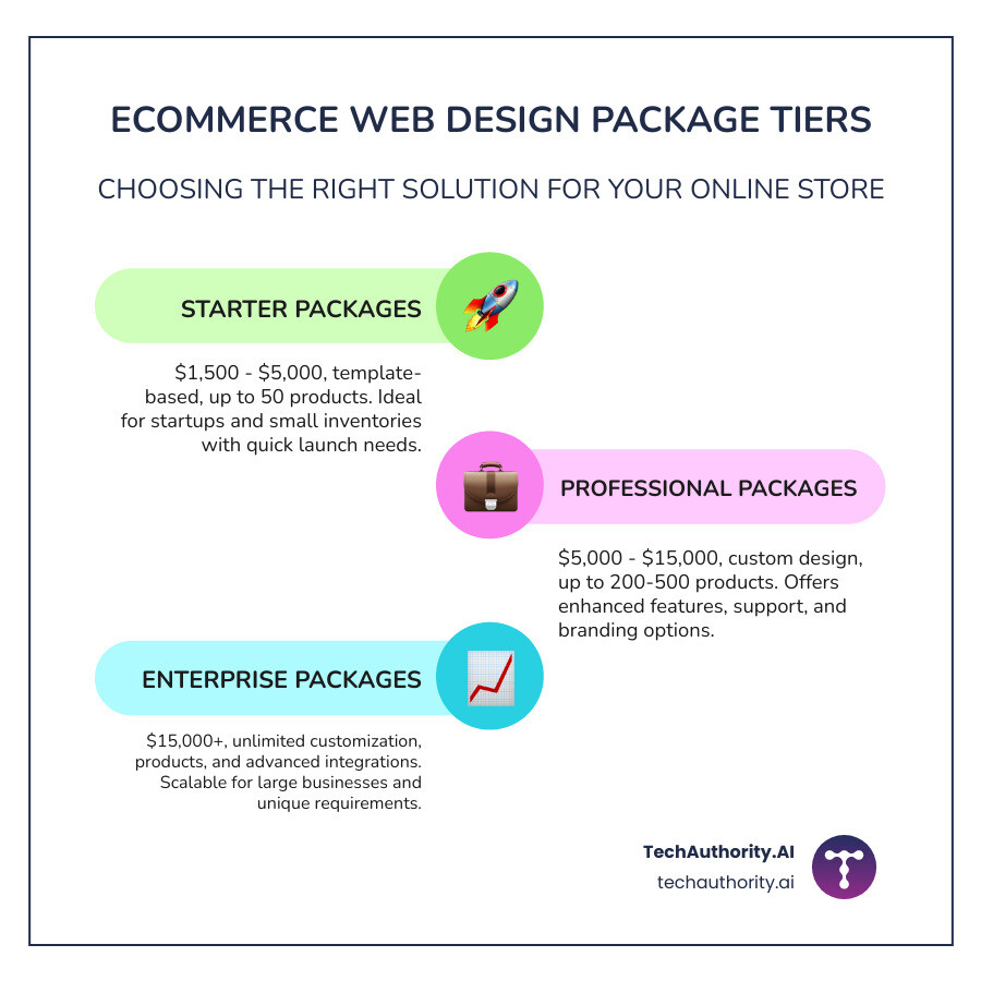 Detailed comparison infographic showing three tiers of ecommerce web design packages with features, pricing, timeline, and ideal business types for each tier - ecommerce web design packages infographic infographic-line-3-steps-colors Detailed comparison infographic showing three tiers of ecommerce web design packages with features, pricing, timeline, and ideal business types for each tier - ecommerce web design packages infographic infographic-line-3-steps-colors