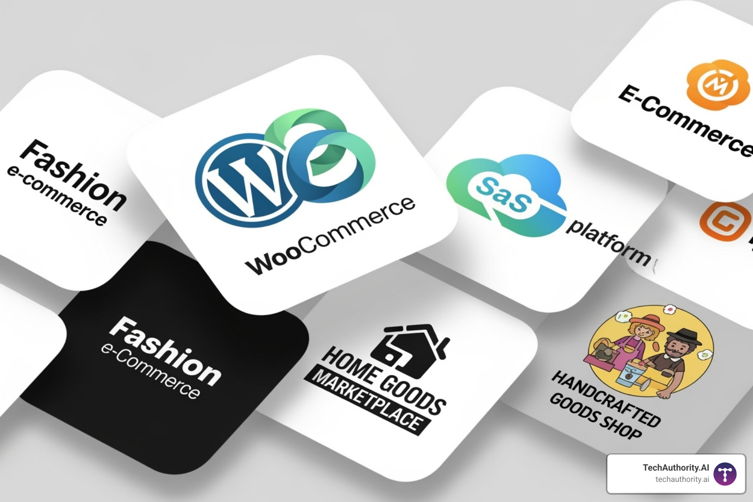 Image of logos representing different types of ecommerce platforms (e.g., a generic SaaS logo vs. the WordPress/WooCommerce logo) - ecommerce web design packages Image of logos representing different types of ecommerce platforms (e.g., a generic SaaS logo vs. the WordPress/WooCommerce logo) - ecommerce web design packages
