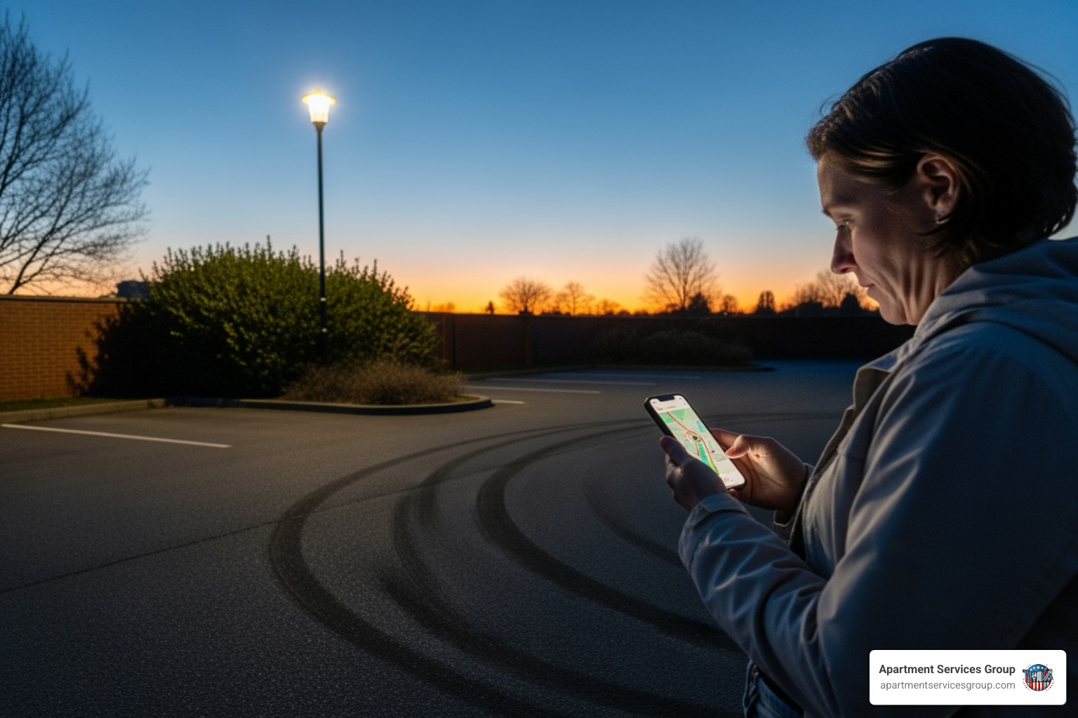 A person calmly looking up information on their phone after finding their car is missing from a private parking lot - private property towing Houston