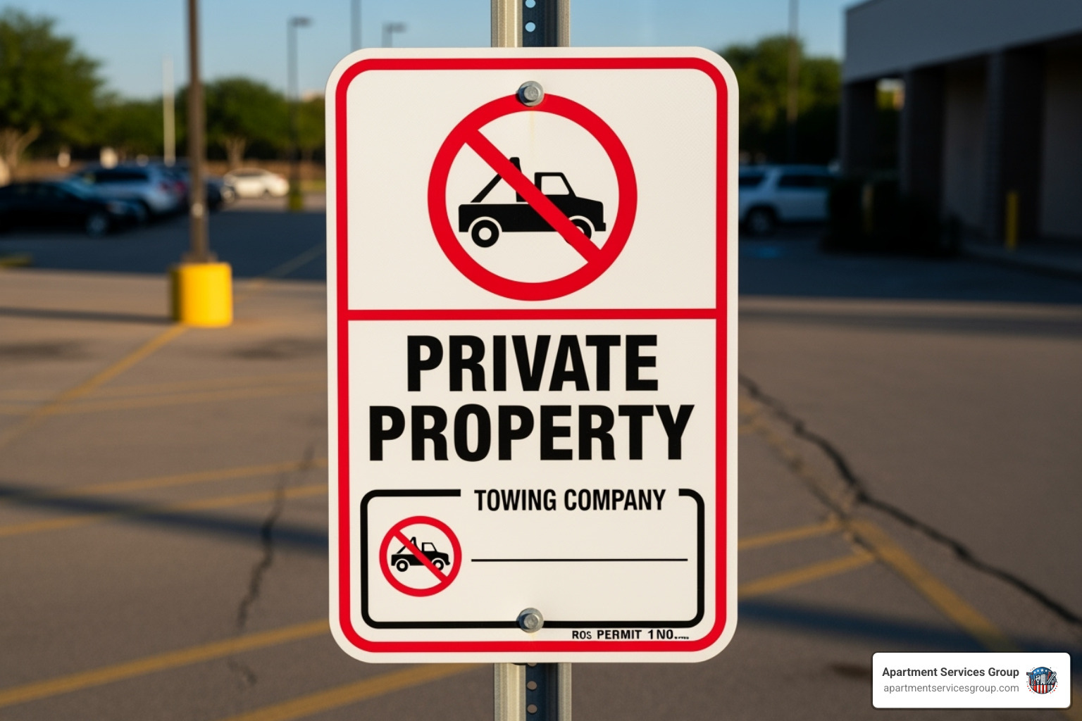 A compliant Texas private property towing sign showing required information, including towing company name, phone number, and 24-hour availability - private property towing Houston