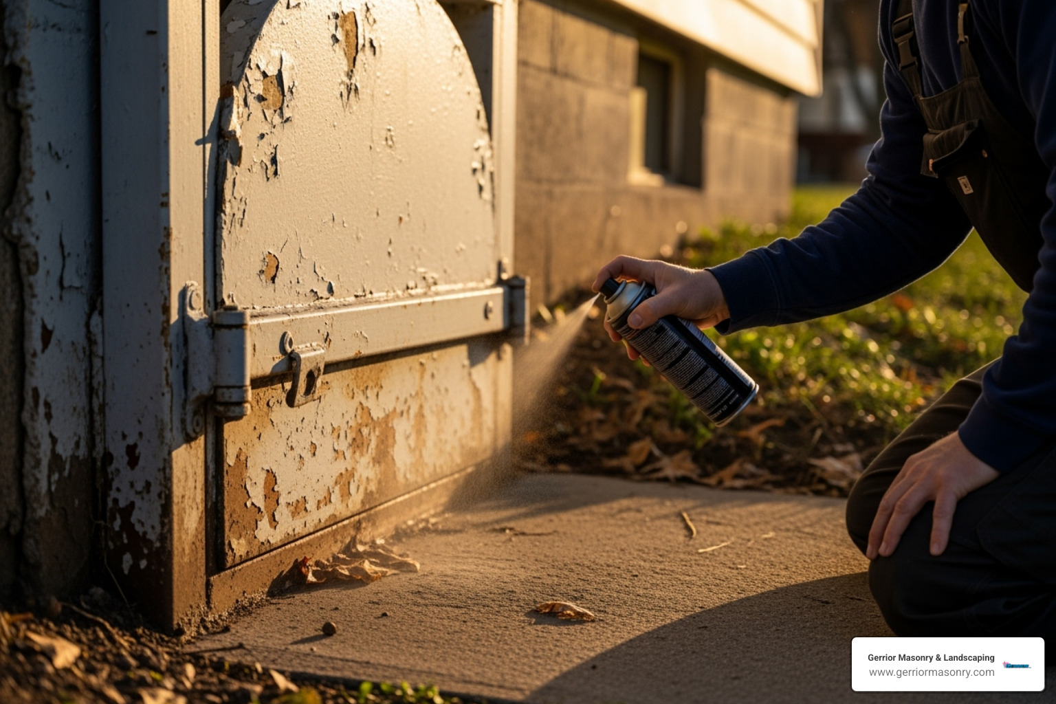 homeowner lubricating hinges of basement door - Basement entry systems