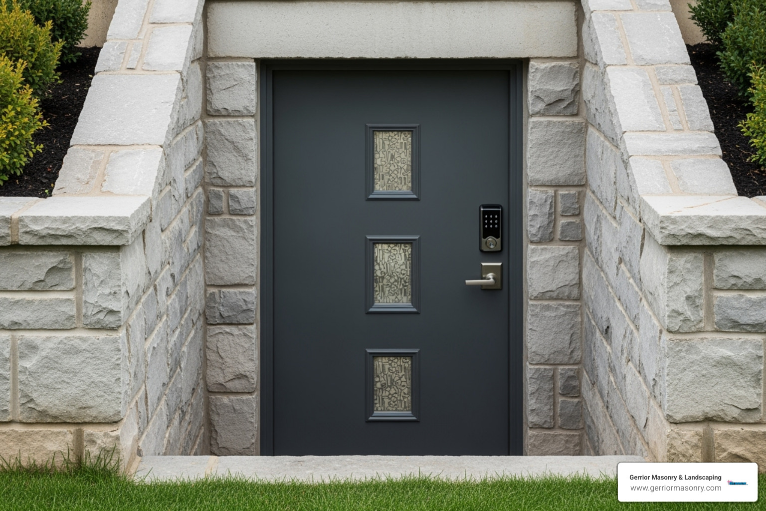 basement door with decorative glass and a modern keypad lock - Basement entry systems
