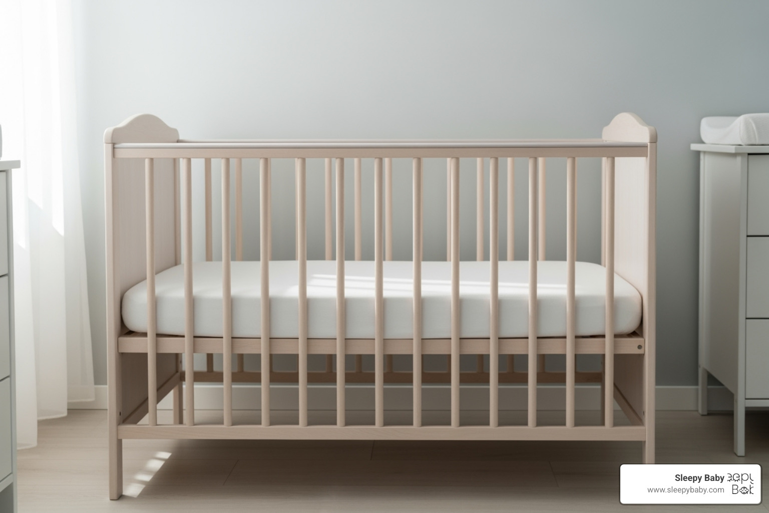 A perfectly safe crib setup: firm mattress, fitted sheet, no loose items - newborn sleeping through the night