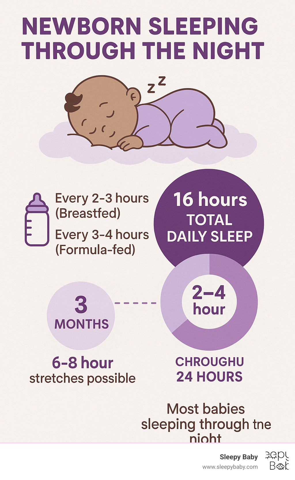 Infographic showing newborn sleep patterns: 16 hours total daily sleep broken into 2-4 hour chunks throughout 24 hours, with feeding every 2-3 hours for breastfed babies and 3-4 hours for formula-fed babies, plus developmental milestones at 3 months (6-8 hour stretches possible) and 6 months (most babies sleeping through the night) - newborn sleeping through the night infographic 