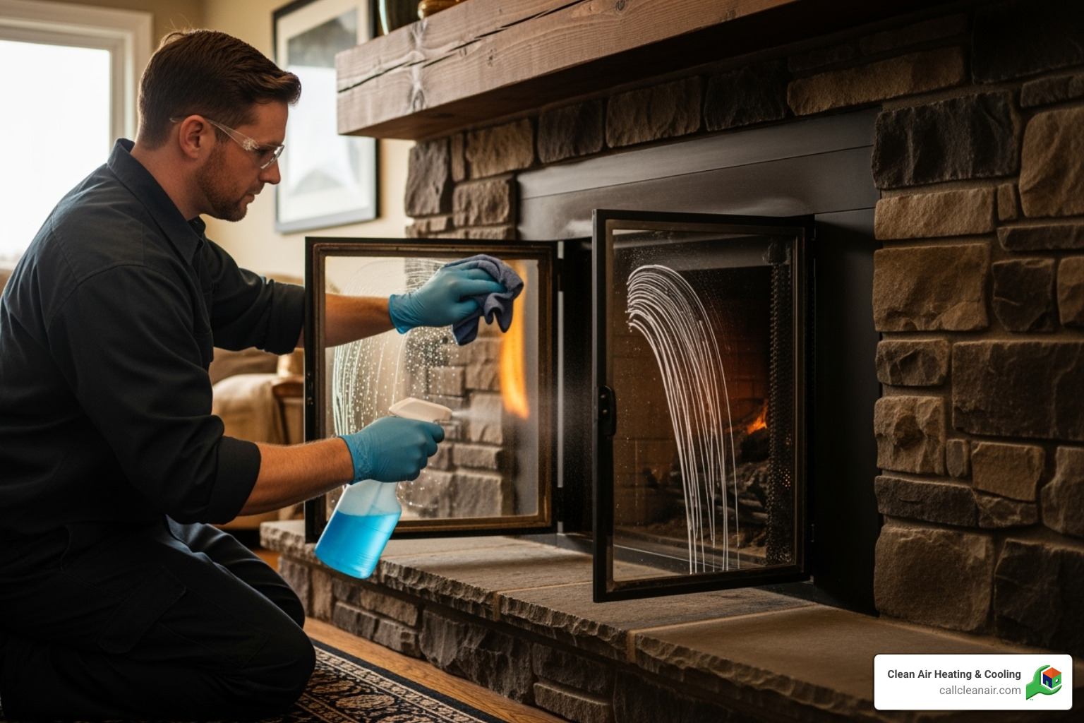 a professional cleaning a fireplace's glass door - fireplace services bellingham a professional cleaning a fireplace's glass door - fireplace services bellingham