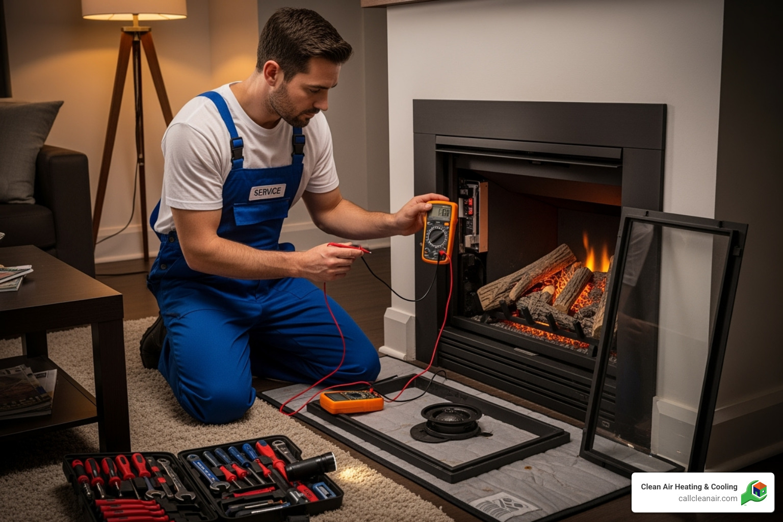 a technician performing a diagnostic on a gas fireplace - fireplace services bellingham a technician performing a diagnostic on a gas fireplace - fireplace services bellingham