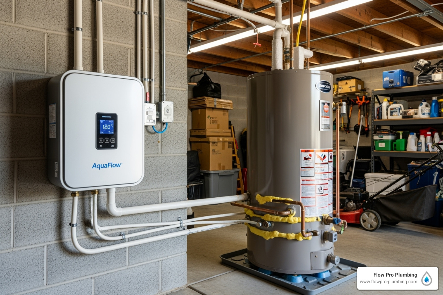 small size of a tankless unit compared to a large traditional tank heater in a garage - tankless water heater installation Brentwood small size of a tankless unit compared to a large traditional tank heater in a garage - tankless water heater installation Brentwood