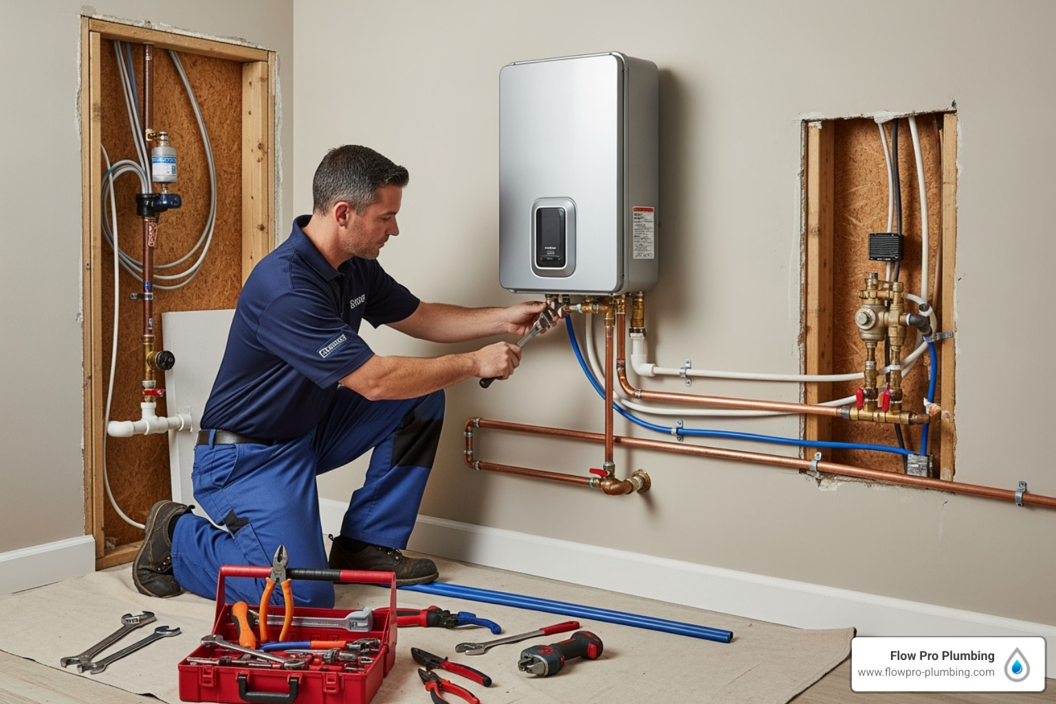 professional plumber working on a tankless water heater installation - tankless water heater installation Brentwood professional plumber working on a tankless water heater installation - tankless water heater installation Brentwood