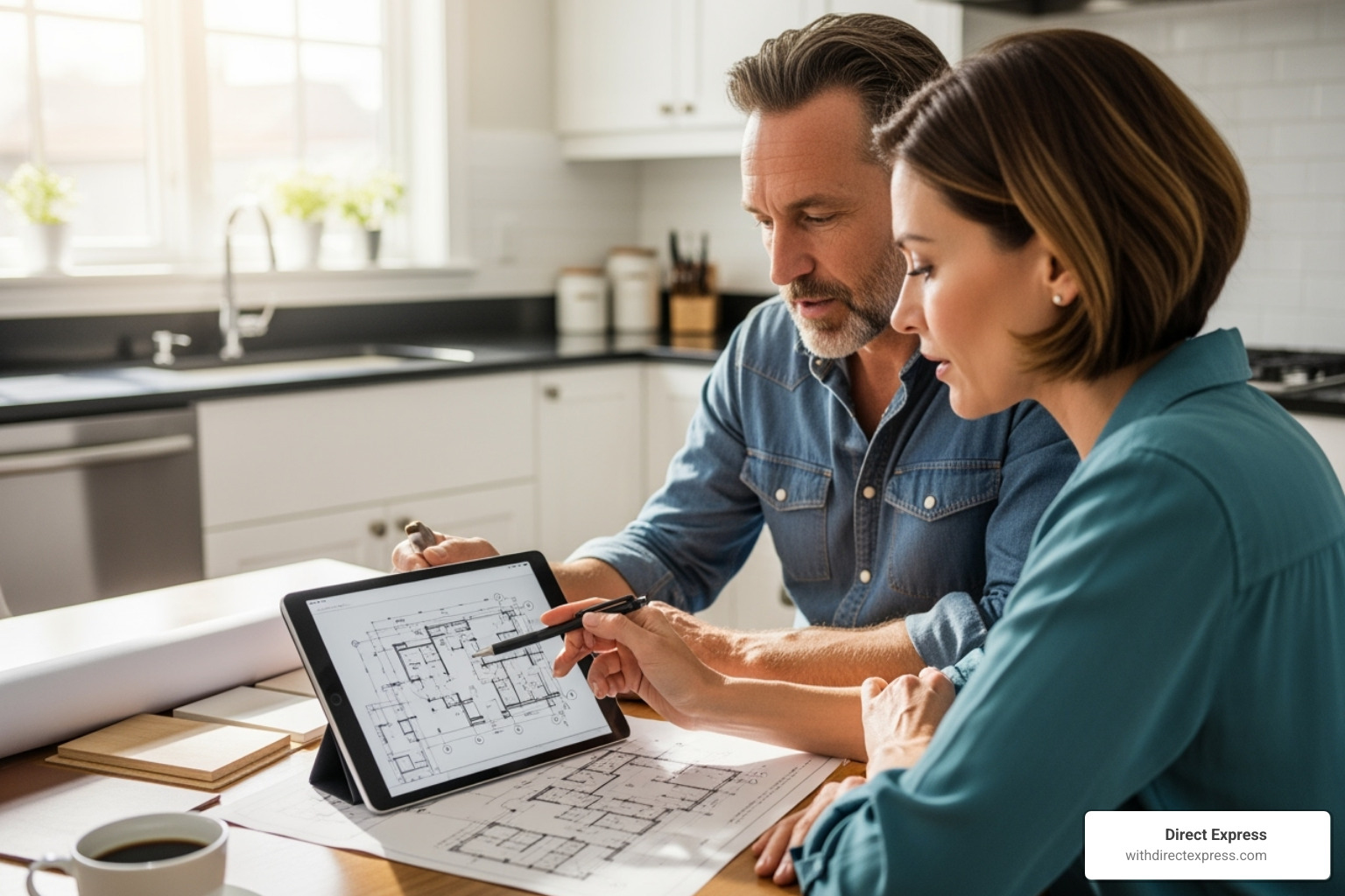 Contractor and homeowner reviewing blueprints on a tablet - Home additions St. Petersburg