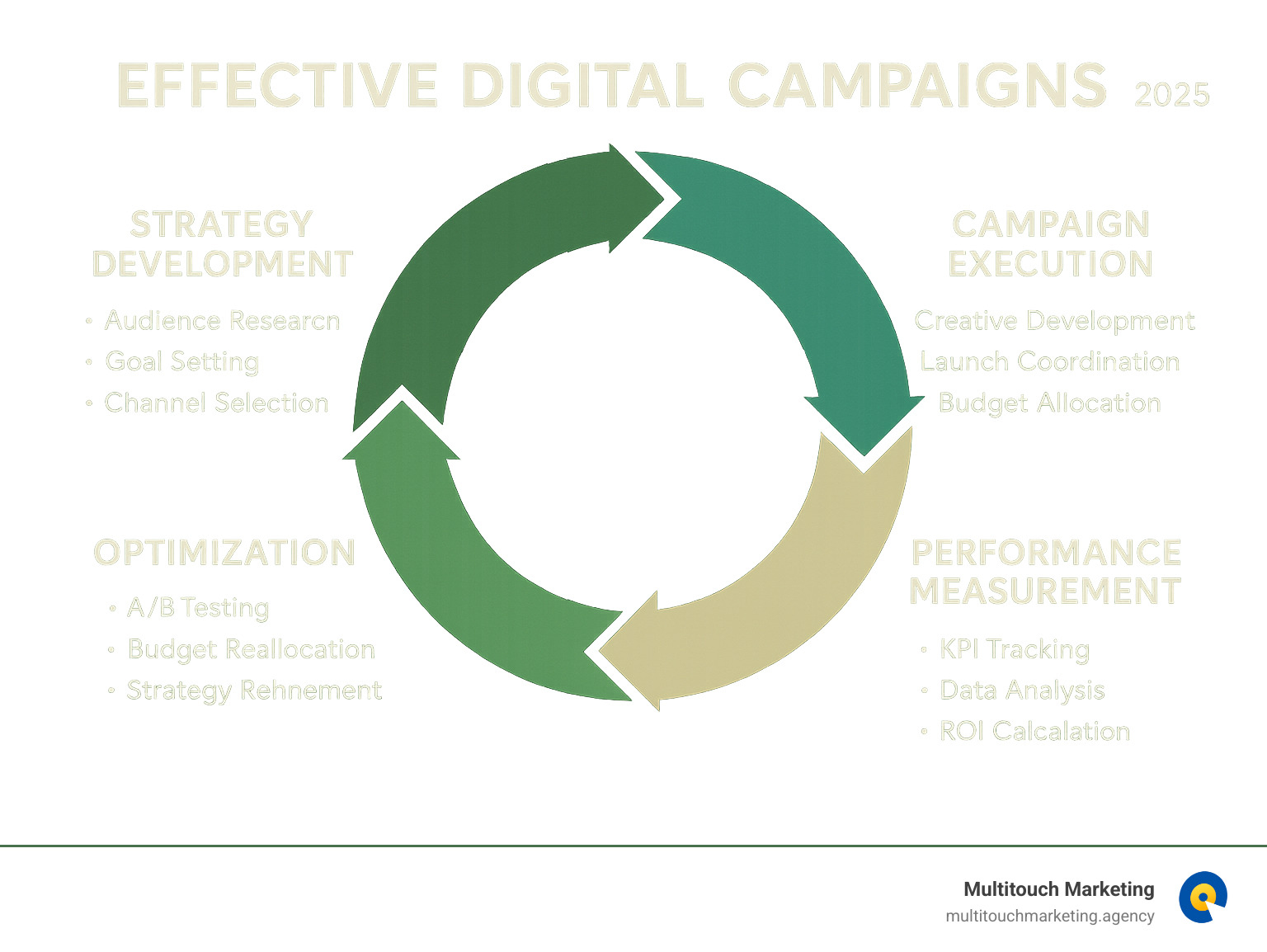 Infographic showing the digital campaign lifecycle: Strategy Development (audience research, goal setting, channel selection) -> Campaign Execution (creative development, launch coordination, budget allocation) -> Performance Measurement (KPI tracking, data analysis, ROI calculation) -> Optimization (A/B testing, budget reallocation, strategy refinement) with arrows showing the continuous cycle - Effective digital campaigns infographic 
