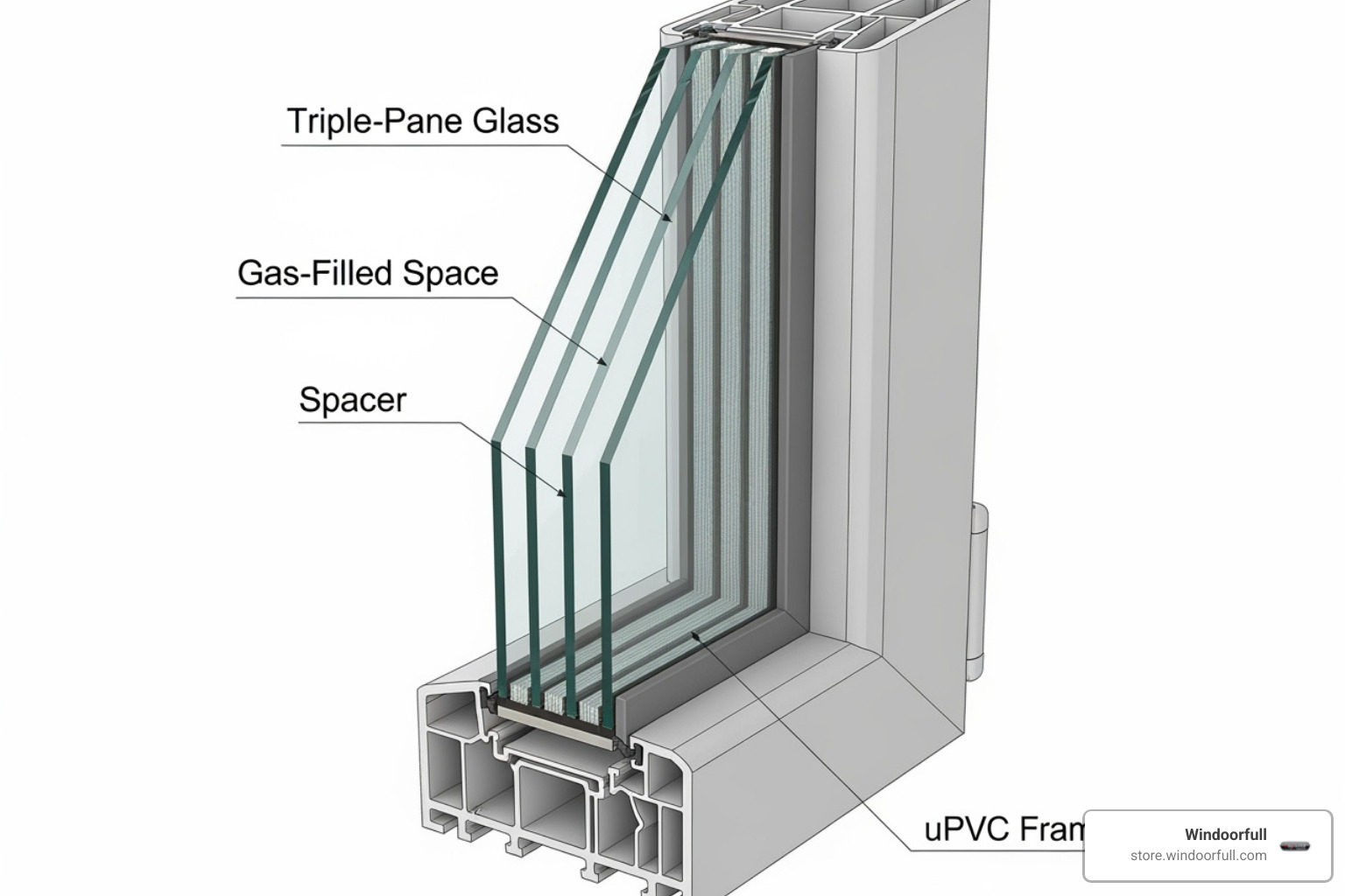 A cross-section of a triple-pane uPVC window showing the glass, gas fill, spacers, and frame - high performance windows