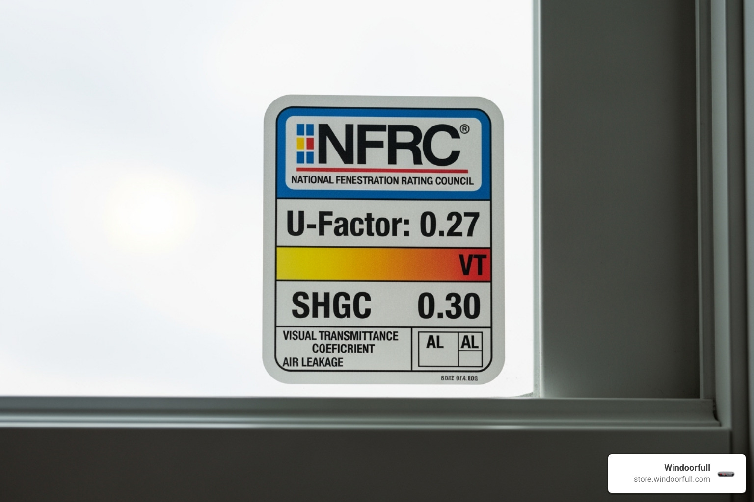 A standard NFRC window label with U-Factor and SHGC highlighted - high performance windows