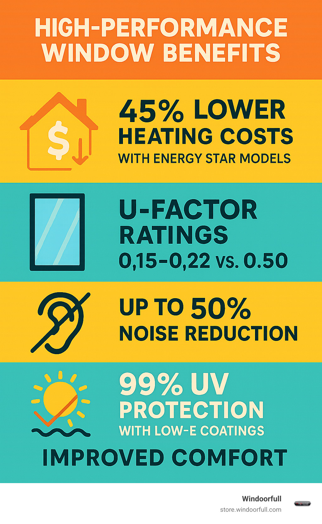 Infographic showing high-performance window benefits: 45% lower heating costs with ENERGY STAR models, U-factor ratings from 0.15-0.22 vs 0.50 for standard windows, up to 50% noise reduction, 99% UV protection with Low-E coatings, and improved comfort through elimination of drafts and temperature fluctuations - high performance windows infographic 