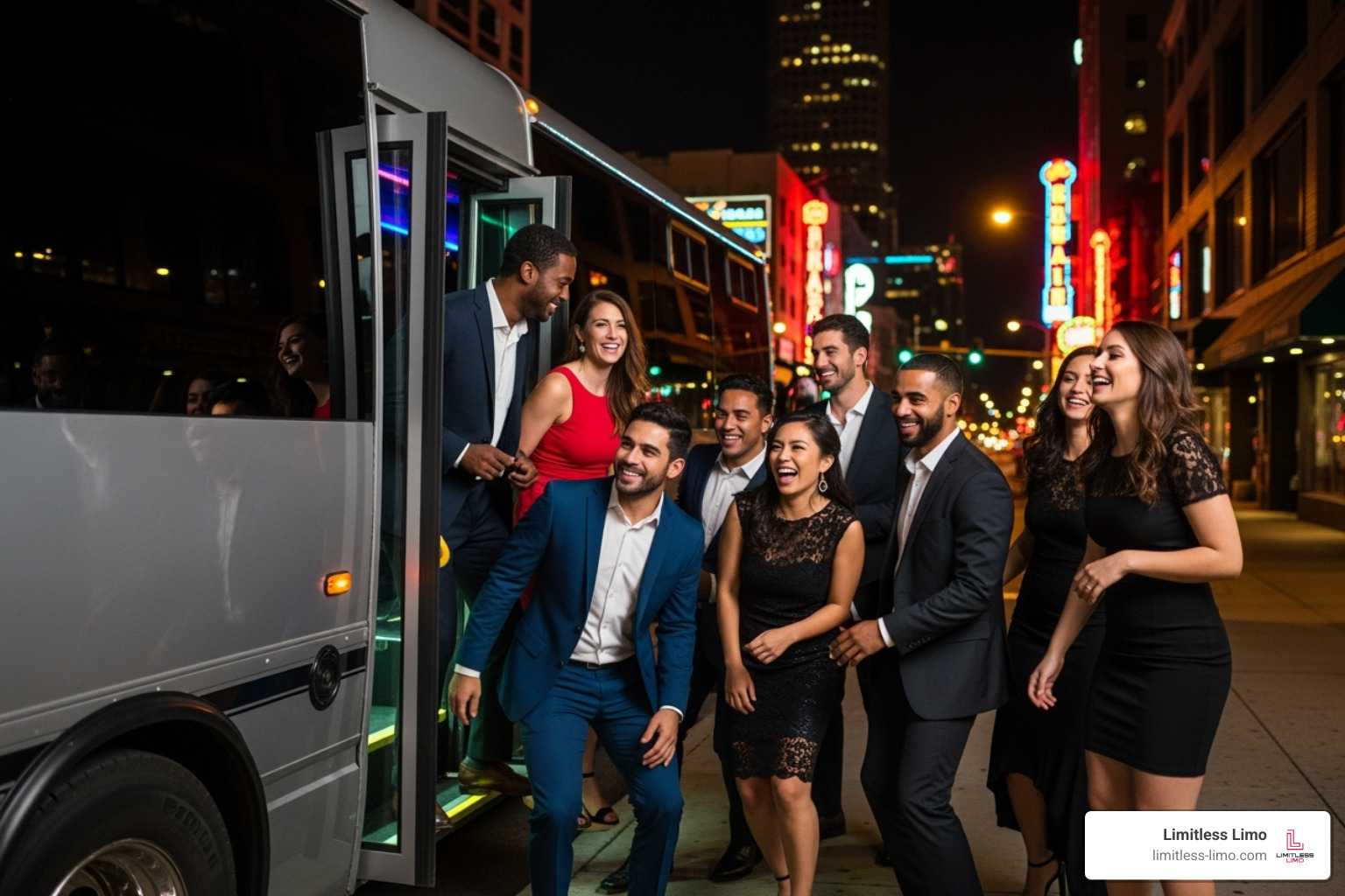 Image of a group of friends happily getting out of a party bus. - how much is it to rent a limo for a day