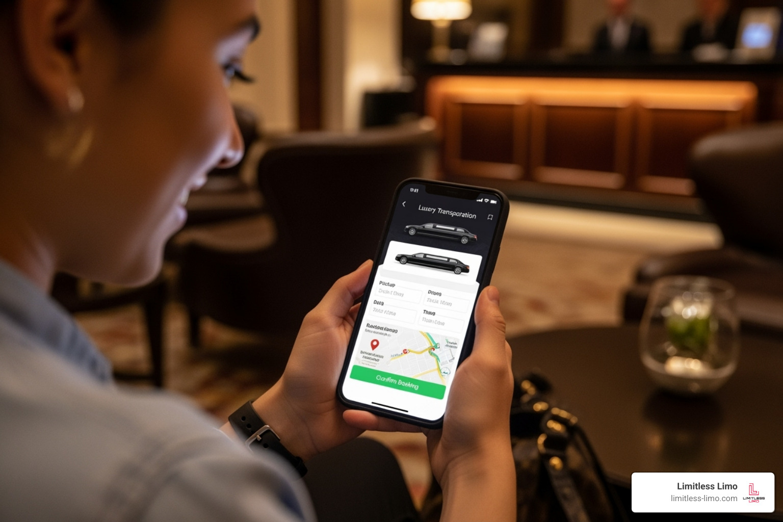 Image of a person on a phone, looking happy while booking a limo. - how much is it to rent a limo for a day
