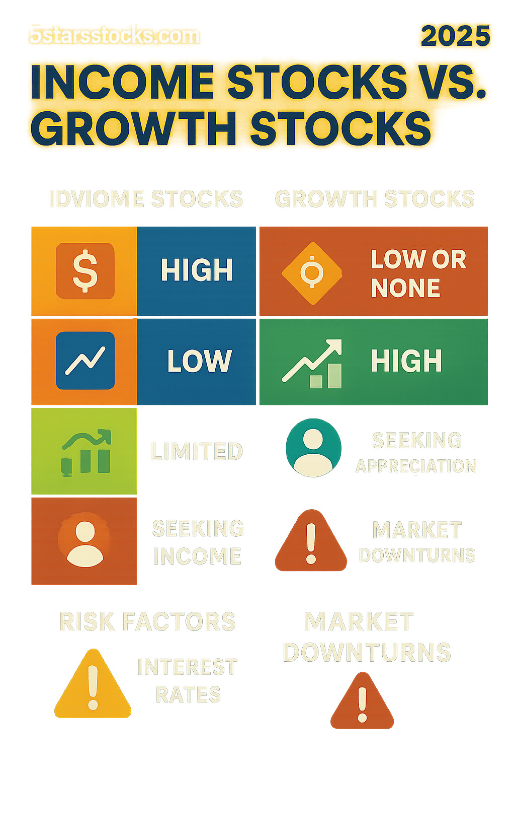 Comprehensive comparison chart showing income stocks versus growth stocks across key metrics including dividend yield, volatility, growth potential, ideal investor profile, and risk factors - 5starsstocks.com income stocks infographic 