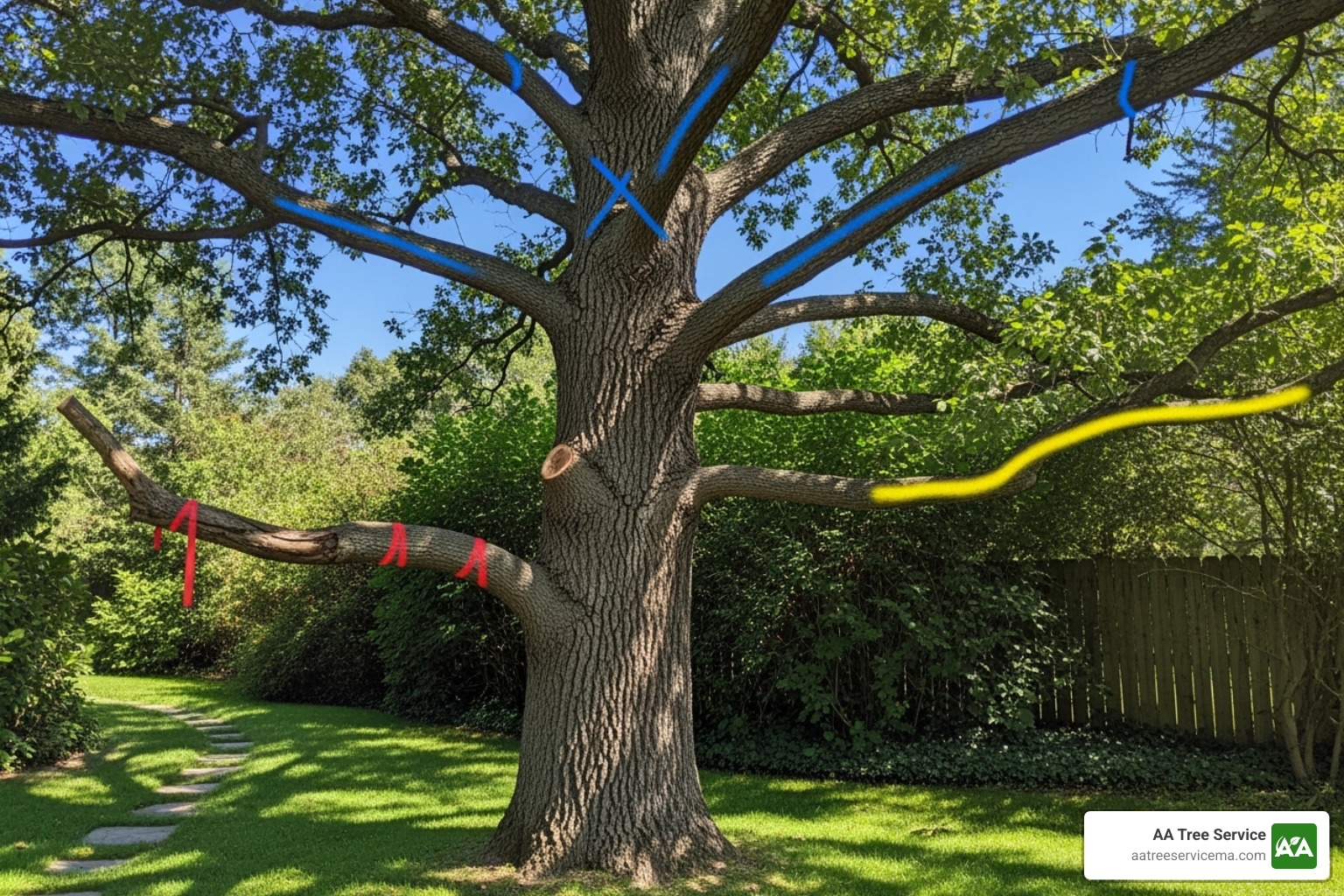 Tree with clearly marked branches for pruning - affordable tree service near me