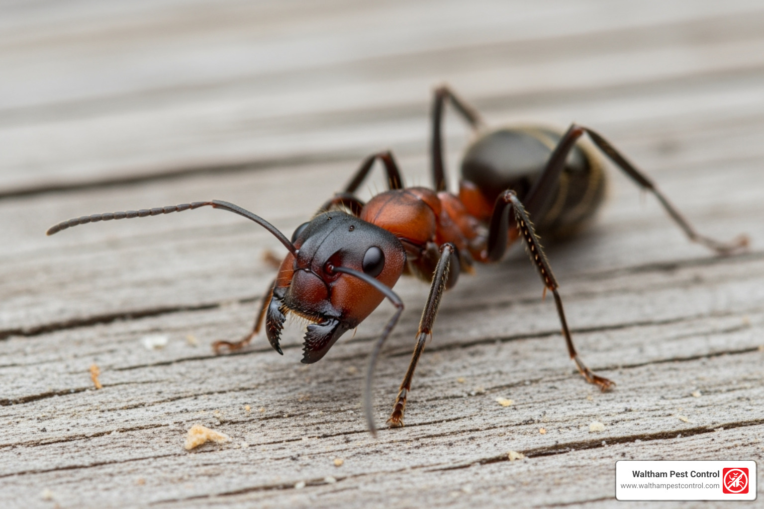 A close-up of a carpenter ant on wood, showing its distinct features - ant spray outdoor around house