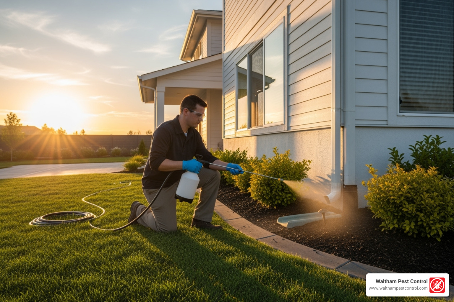 A person safely applying perimeter spray around their home's foundation, wearing gloves and safety glasses - ant spray outdoor around house
