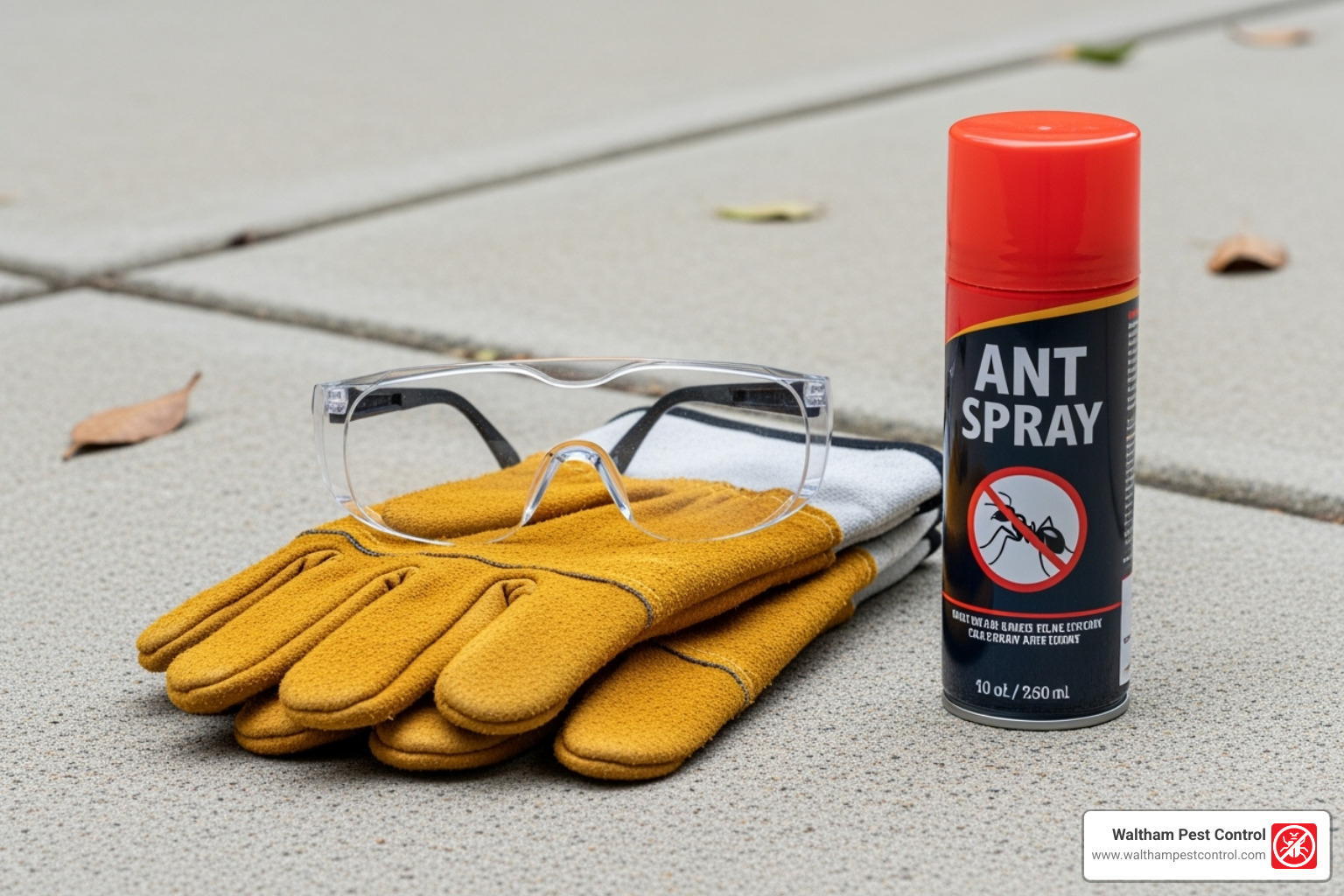 Safety gear like gloves and glasses next to an ant spray bottle on a patio - ant spray outdoor around house