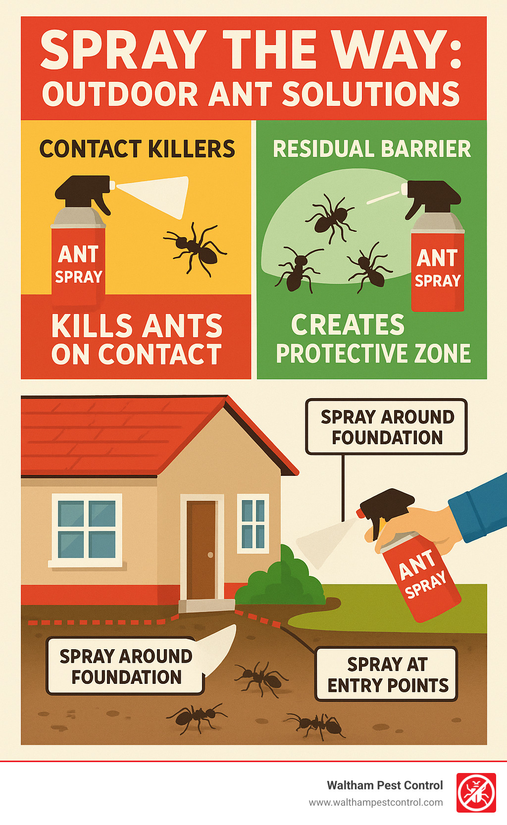 Comprehensive infographic showing the difference between contact killer sprays that eliminate ants on contact versus residual barrier sprays that create long-lasting protective zones, including application techniques for foundation perimeter treatment and entry point targeting - ant spray outdoor around house infographic 