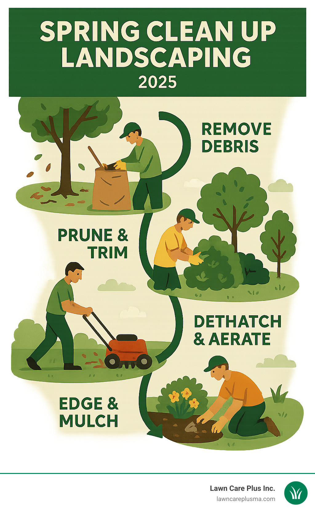 Detailed spring landscaping cleanup process infographic showing step-by-step timeline from debris removal through final mulching and edging tasks - spring clean up landscaping infographic Detailed spring landscaping cleanup process infographic showing step-by-step timeline from debris removal through final mulching and edging tasks - spring clean up landscaping infographic