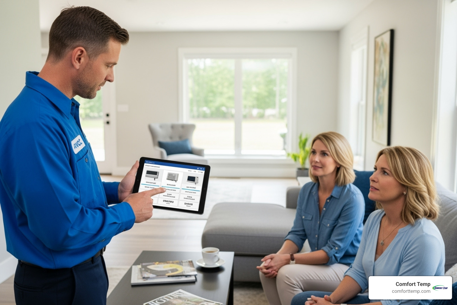 technician using a tablet to show a homeowner different AC unit options - price for new ac unit installed technician using a tablet to show a homeowner different AC unit options - price for new ac unit installed