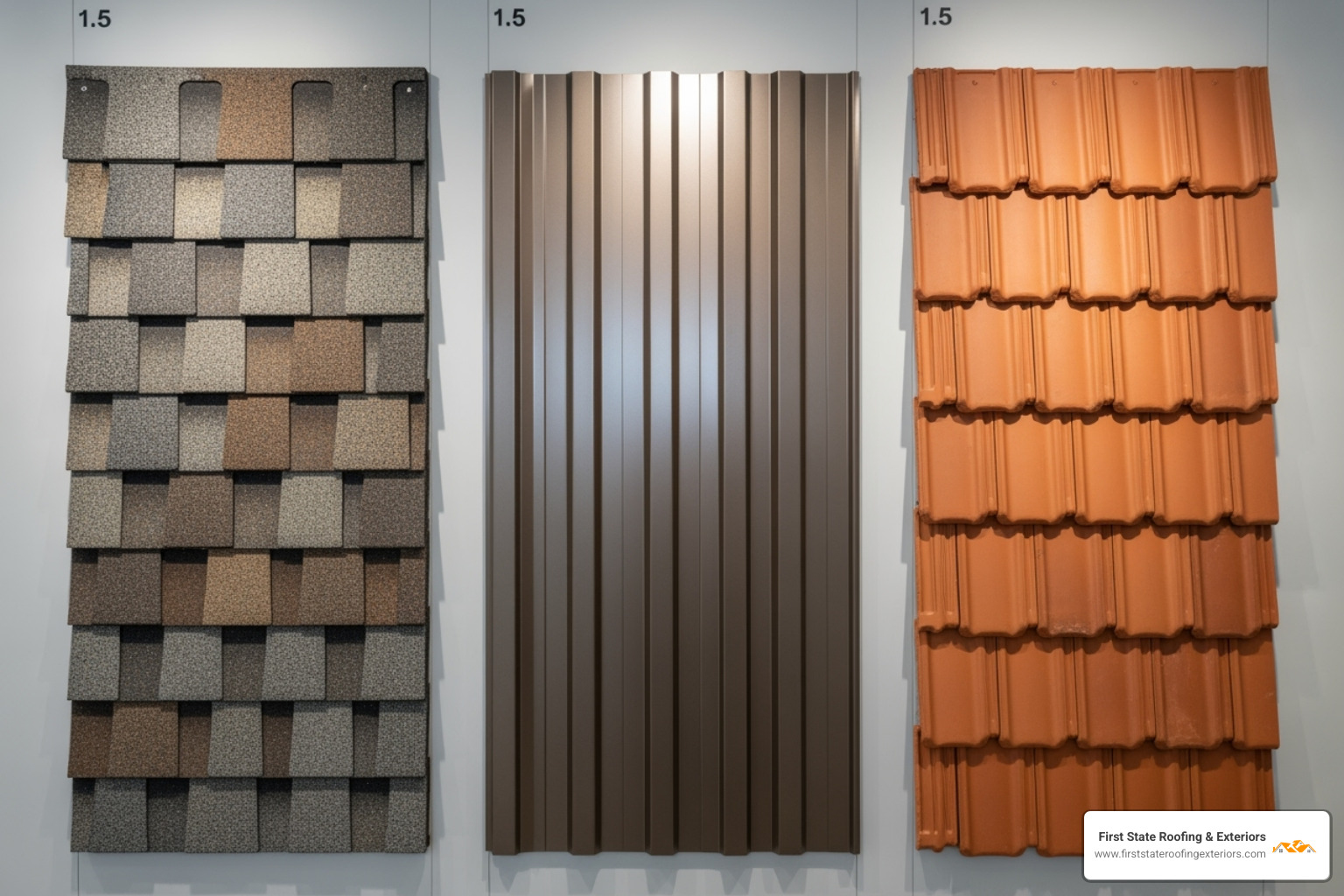 Different roofing materials displayed on a wall, including asphalt shingles, metal panels, and clay tiles. - delaware roofer