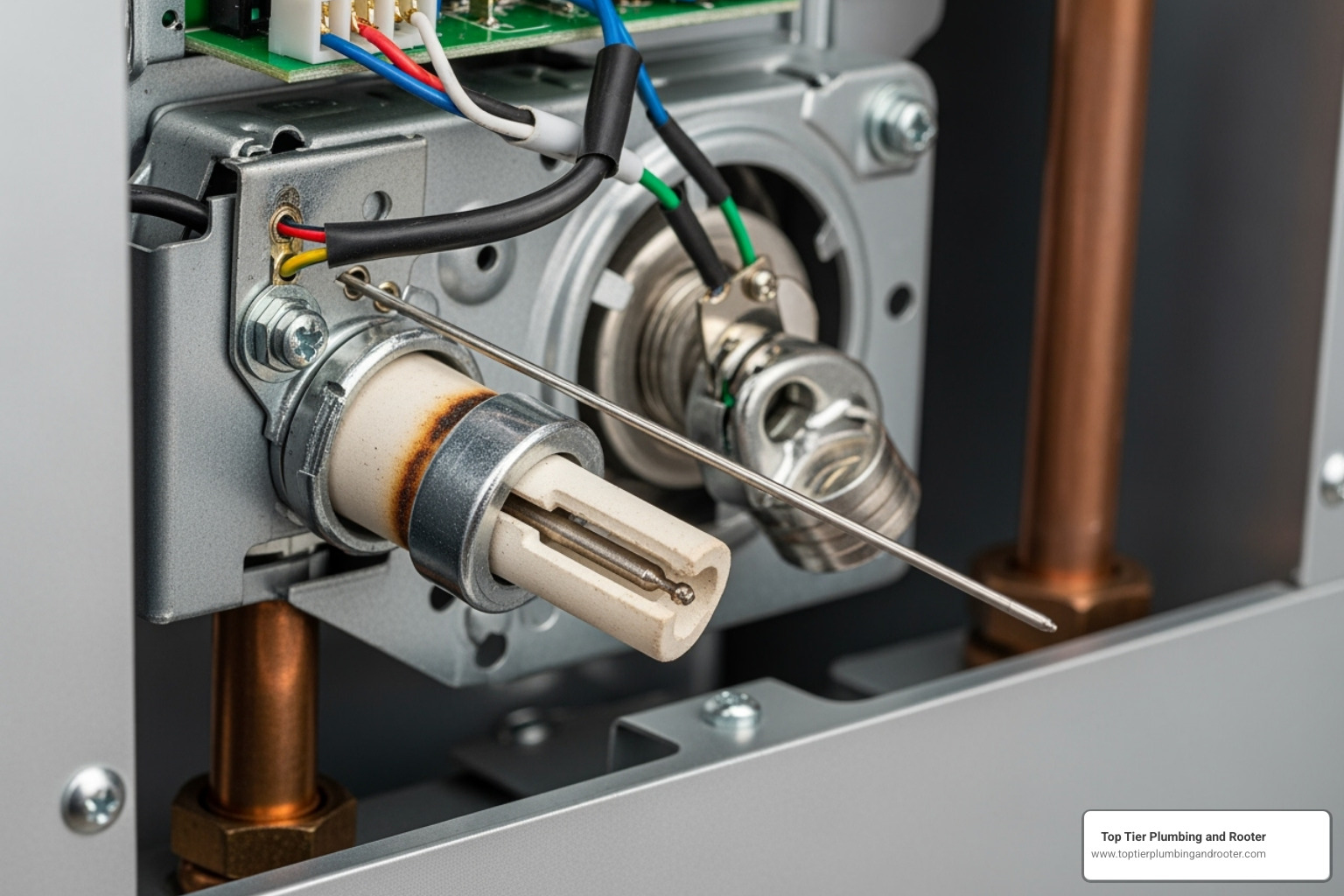 A tankless water heater's internal igniter and flame sensor assembly - tankless water heater troubleshooting