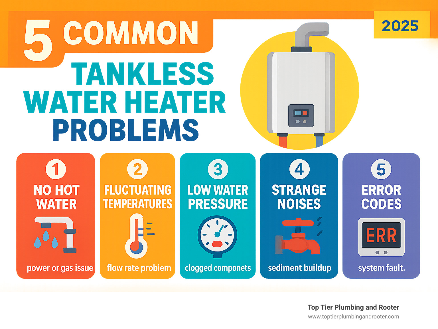 Infographic showing the top 5 most common tankless water heater problems: No Hot Water due to power or gas issues, Fluctuating Temperatures from flow rate problems, Low Water Pressure caused by clogged components, Strange Noises from sediment buildup, and Error Codes indicating specific system faults - tankless water heater troubleshooting infographic 