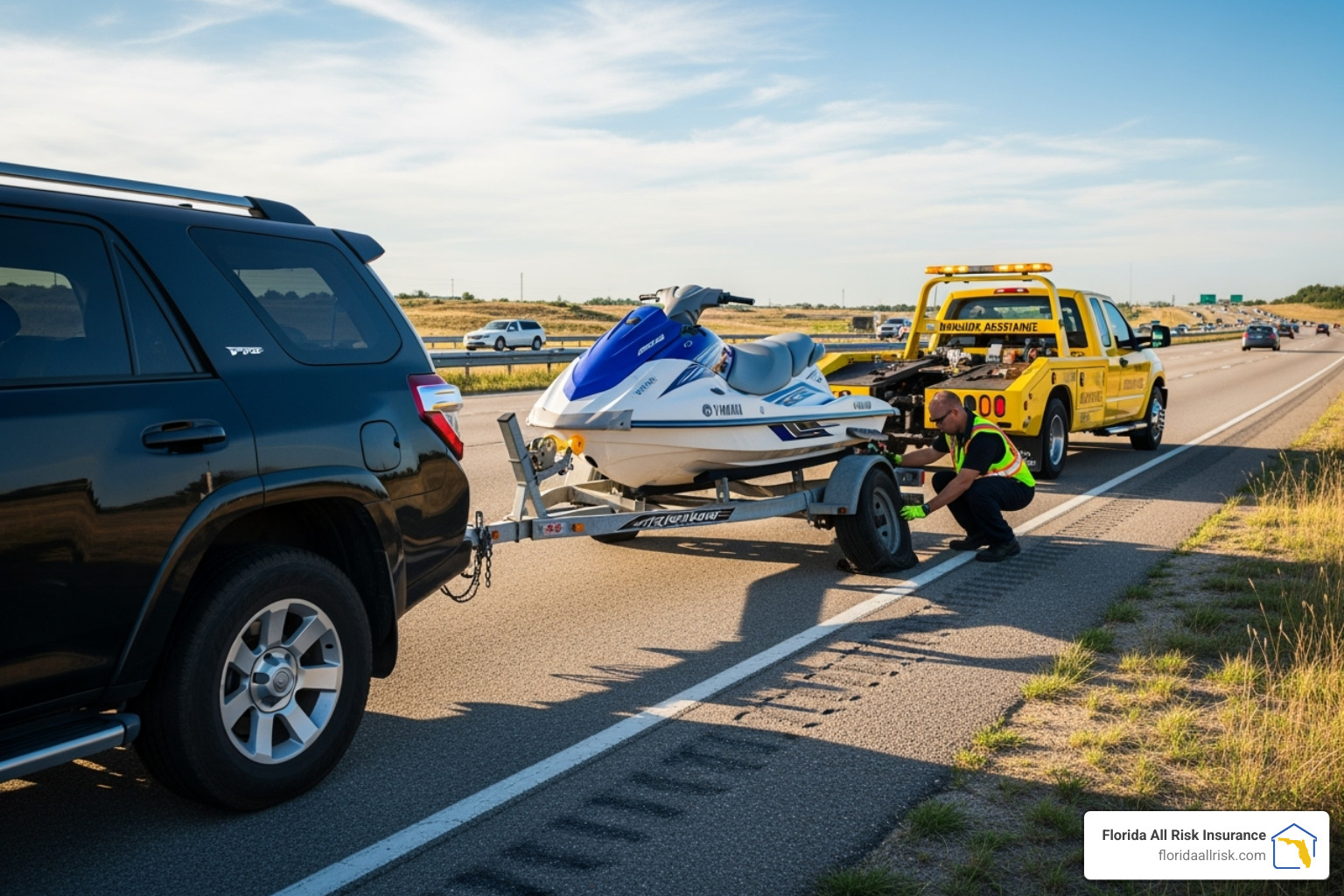 A PWC being safely towed on a trailer by an SUV, emphasizing the importance of roadside assistance. - what does personal watercraft insurance cover