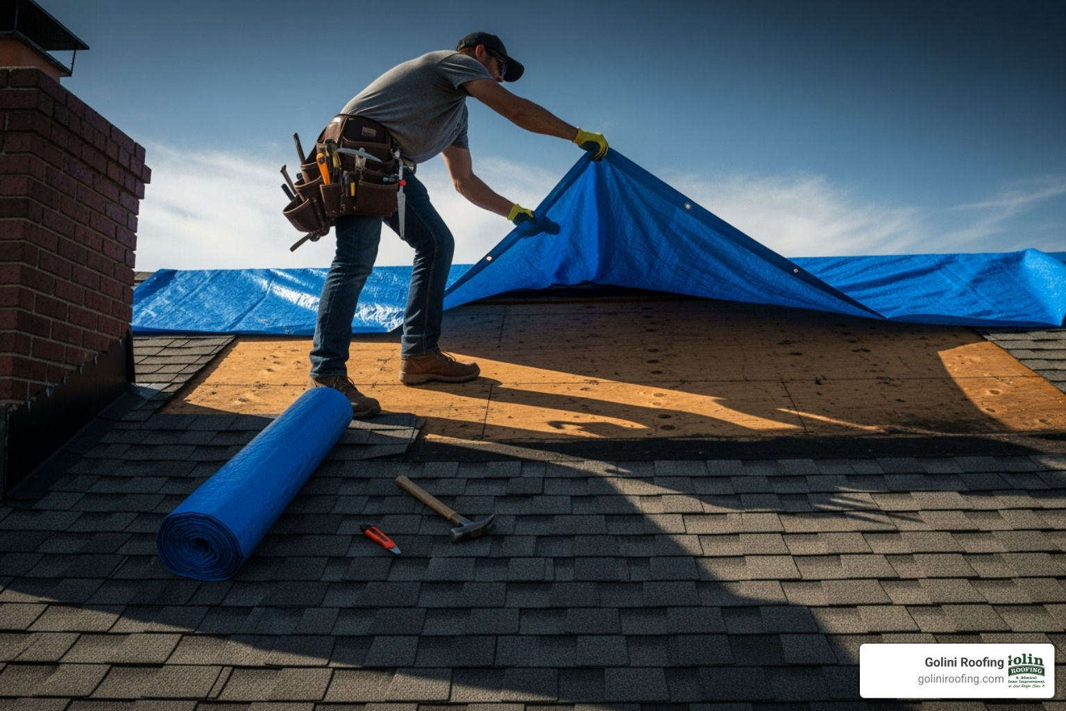 roofer placing a temporary tarp on a damaged roof section - roof repair Woburn MA roofer placing a temporary tarp on a damaged roof section - roof repair Woburn MA