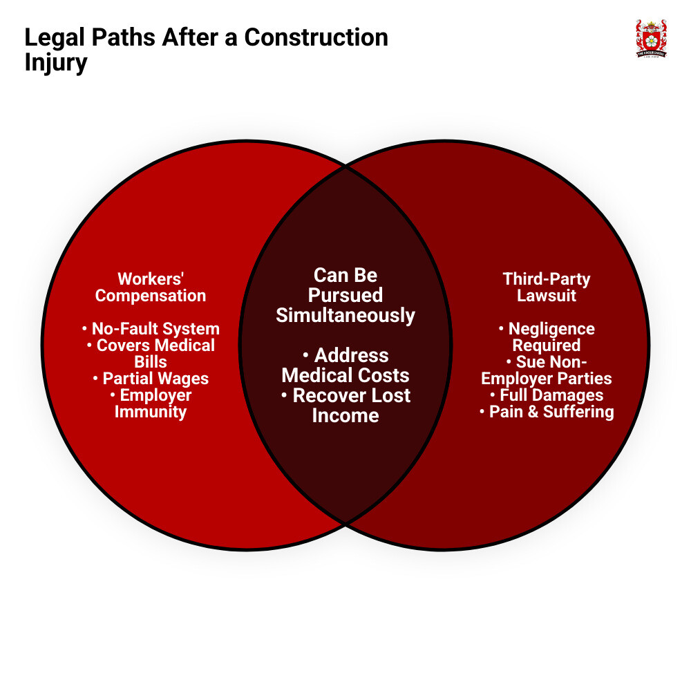 Infographic showing two legal paths after construction injury: Workers' Compensation covering medical bills and partial wages with no-fault system on left side, and Third-Party Lawsuit covering full damages including pain and suffering with negligence requirement on right side, with arrows indicating both can be pursued simultaneously - construction injury lawsuit infographic venn_diagram Infographic showing two legal paths after construction injury: Workers' Compensation covering medical bills and partial wages with no-fault system on left side, and Third-Party Lawsuit covering full damages including pain and suffering with negligence requirement on right side, with arrows indicating both can be pursued simultaneously - construction injury lawsuit infographic venn_diagram