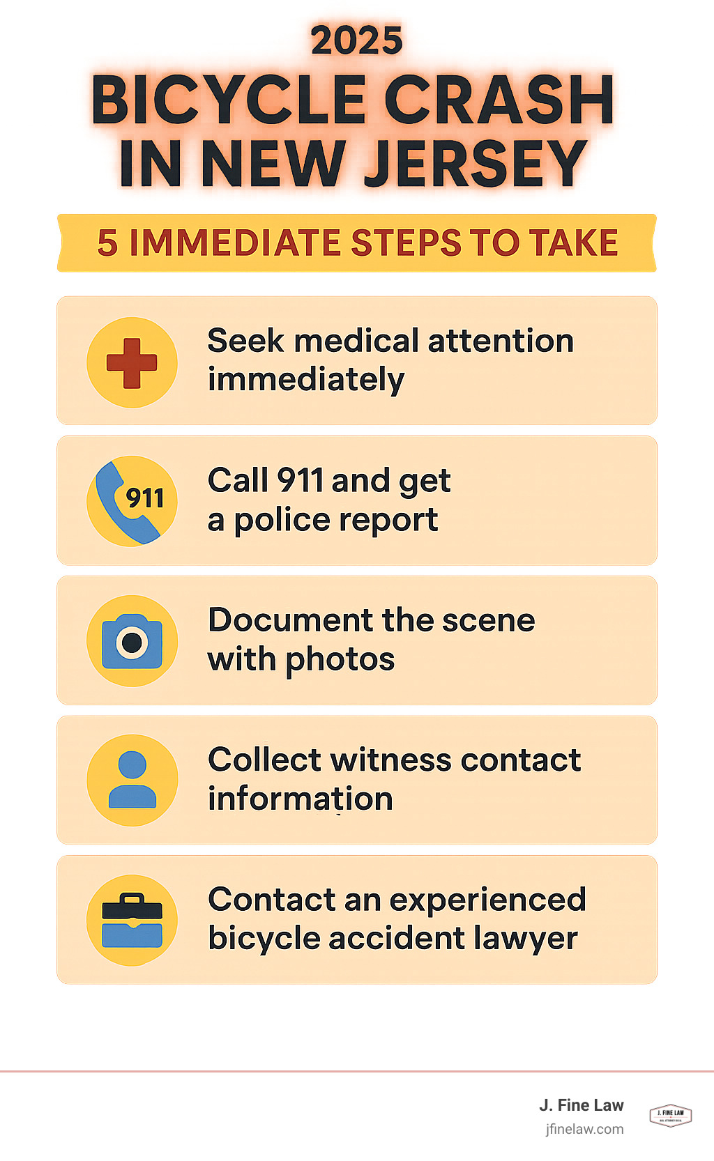 Infographic showing the 5 immediate steps to take after a bicycle crash in New Jersey: 1. Seek medical attention immediately, 2. Call 911 and get a police report, 3. Document the scene with photos, 4. Collect witness contact information, 5. Contact an experienced bicycle accident lawyer before speaking with insurance companies - bicycle accident lawyer New Jersey infographic 